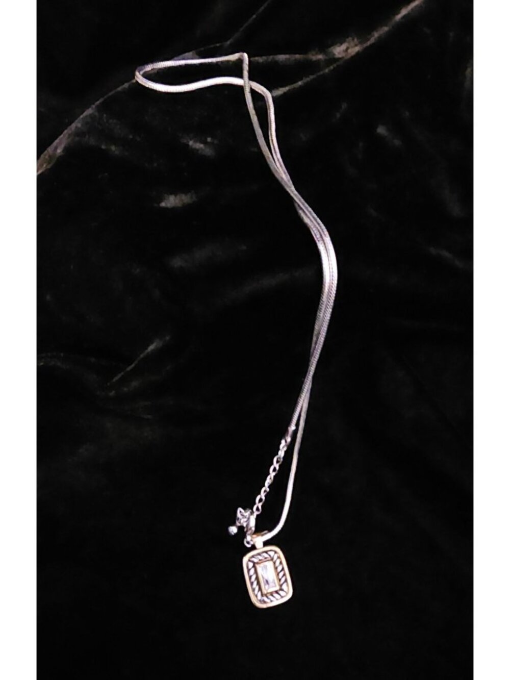 Two-Tone Pendant Necklace With Rectangle Gemstone On Silver Chain